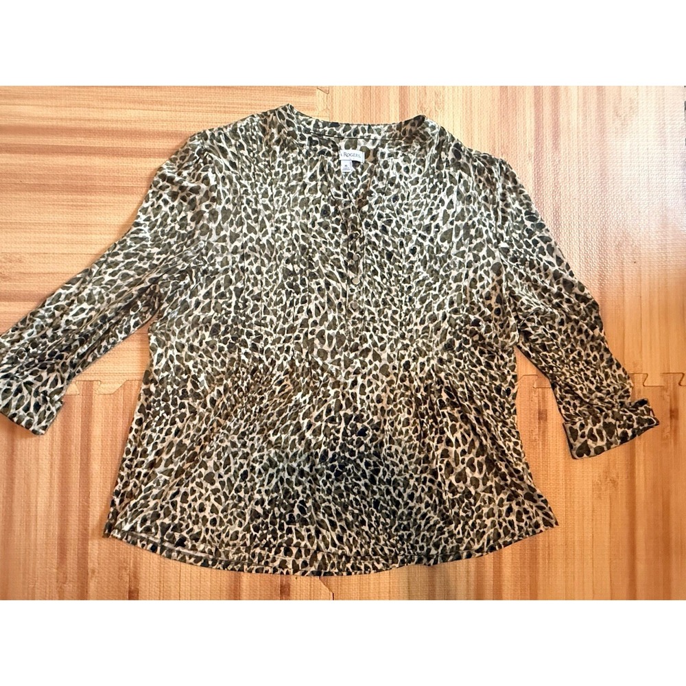 Kim Rogers Women's Animal Print Button Front Blouse 3/4 Sleeve Sz XL green black